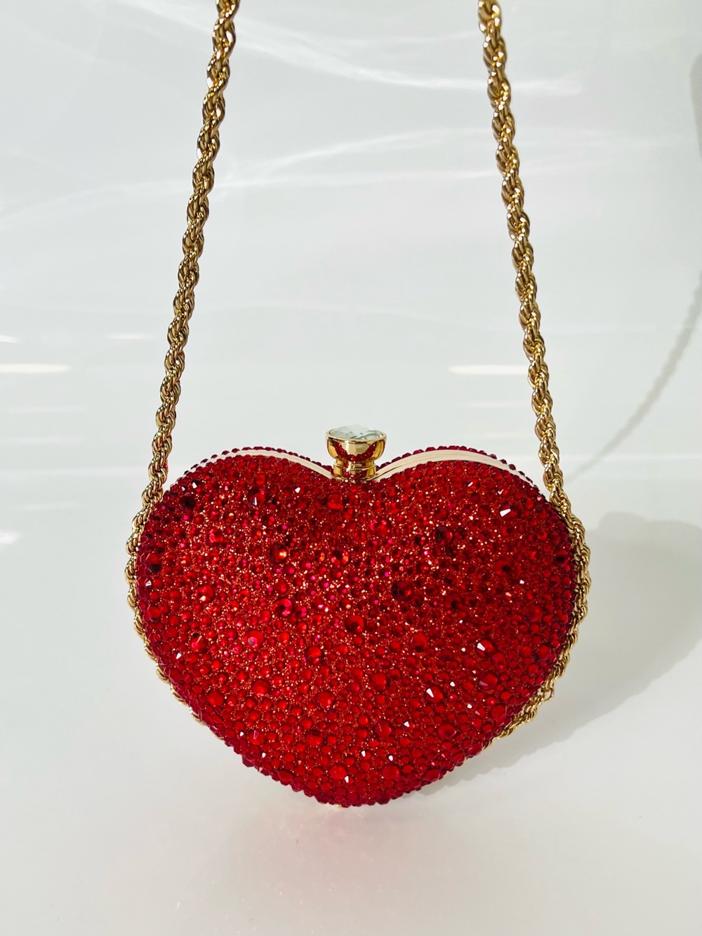 Heart Shaped Red Rhinestone Embellished Evening Purse with Gold Chain